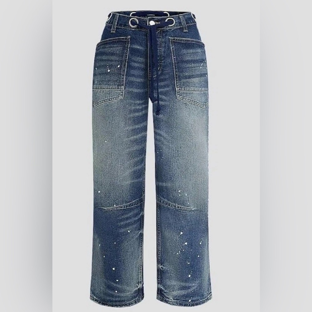 Flamingals Women's Wide Leg Mid Waist Baggy Barrel Jeans Medium Drawstring Med